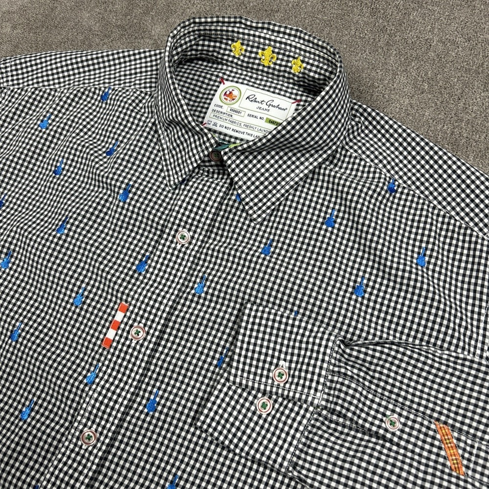 Robert Graham Shirt Mens Large Button Long Sleeve Gray Check Embroidered Guitars